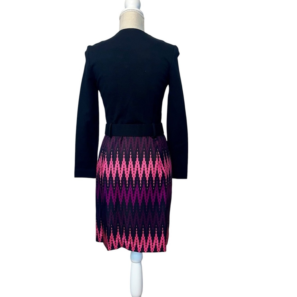 Milly Long Sleeve V Neck Belted Mini Dress Womens Sz 4 Black Pink Silk Blend - Picture 4 of 13